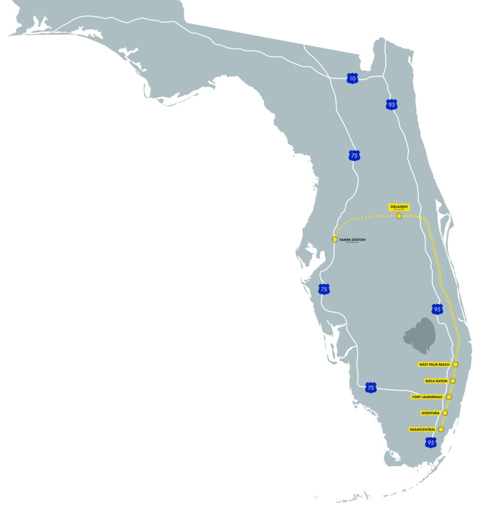 mapa de la ruta del tren Brightline en Florida